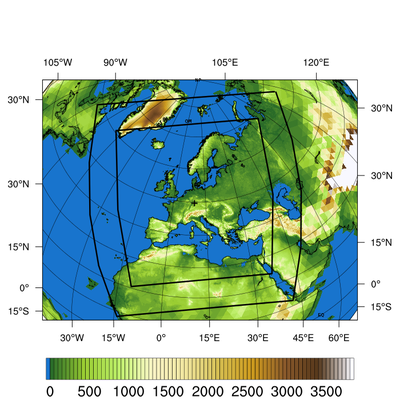 Modellorographie in m für das Globalmodell mit der gröbsten Maschenweite (hier ca. 160 km) und mögliche höher aufgelöste lokale Teilgebiete über Europa (feinste Maschenweite ca. 10 km).